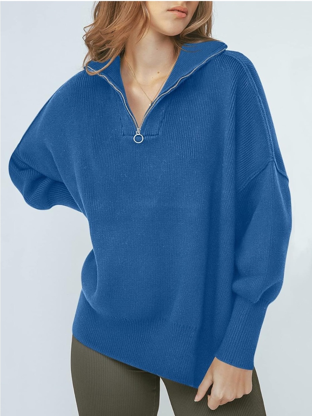 Relaxed Zip-Front Turtleneck Sweater in Blue